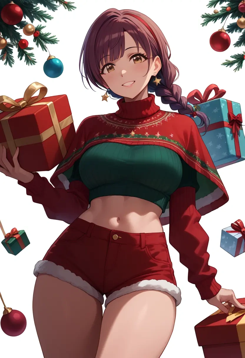 idolmaster,kitazawa_shiho,Christmas,red velvet shorts,turtleneck sweater  - 