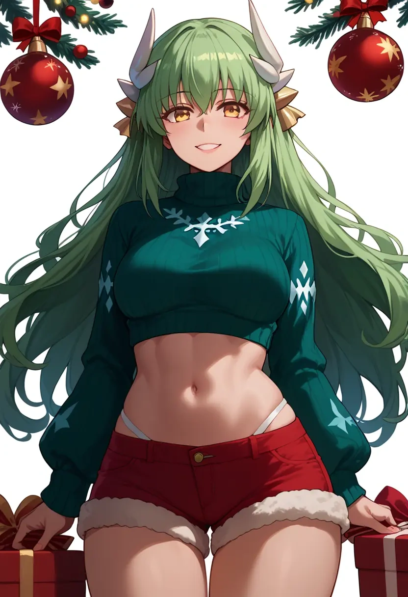 fate_(series),kiyohime_(fate),Christmas,red velvet shorts,turtleneck sweater  - 