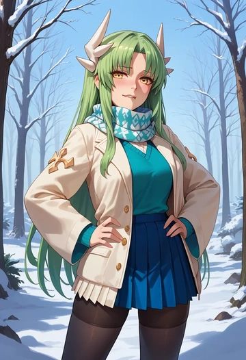 fate_(series),kiyohime_(fate),winter,student uniform,puffer jacket  - AI generated anime art