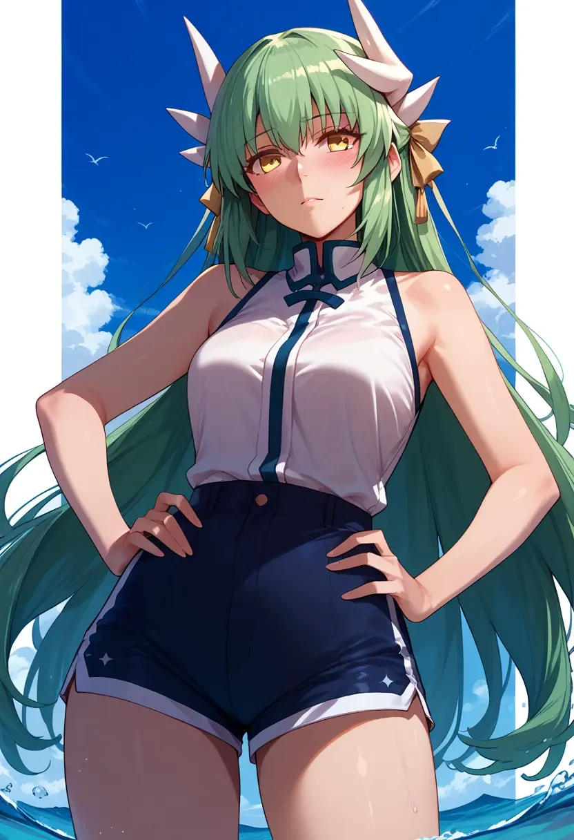 fate_(series),kiyohime_(fate),sleeveless swim top,shorts-style bottom,contrast stitching  - 