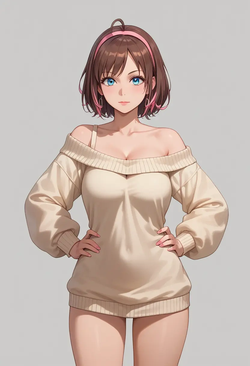 kizuna_ai_inc.,kizuna_ai,Hands on hips,off-shoulder,sweater  - 