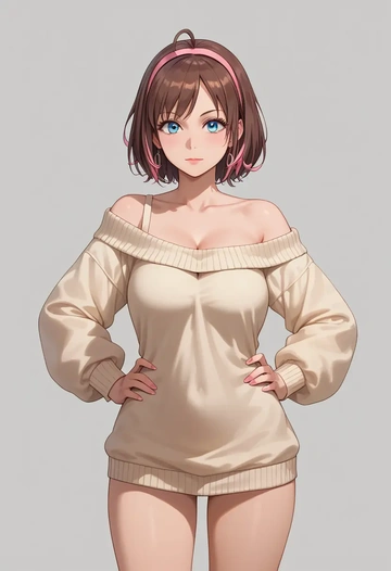 kizuna_ai_inc.,kizuna_ai,Hands on hips,off-shoulder,sweater  - AI generated anime art