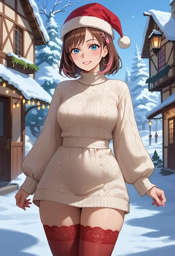 kizuna_ai_inc.,kizuna_ai,Christmas,sweater dress,stockings  - AI generated anime art