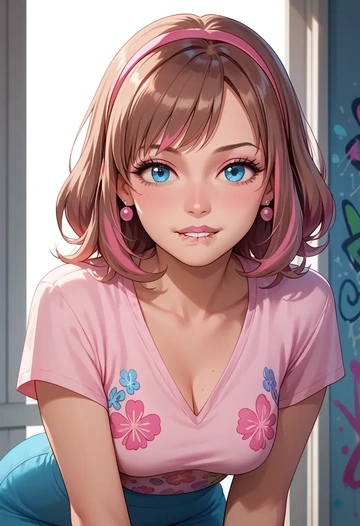 kizuna_ai_inc.,kizuna_ai,silk graffiti shirt,dolphin shorts  - AI generated anime art