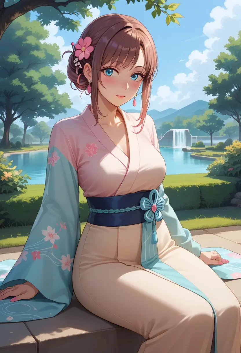 kizuna_ai_inc.,kizuna_ai,kimono,silk,wide-leg trousers  - 