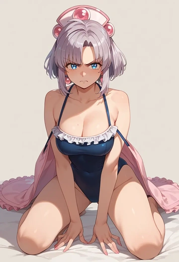 voiceroid,kizuna_akari,retro style swimsuit,frilled neckline,bow detail  - AI generated anime art