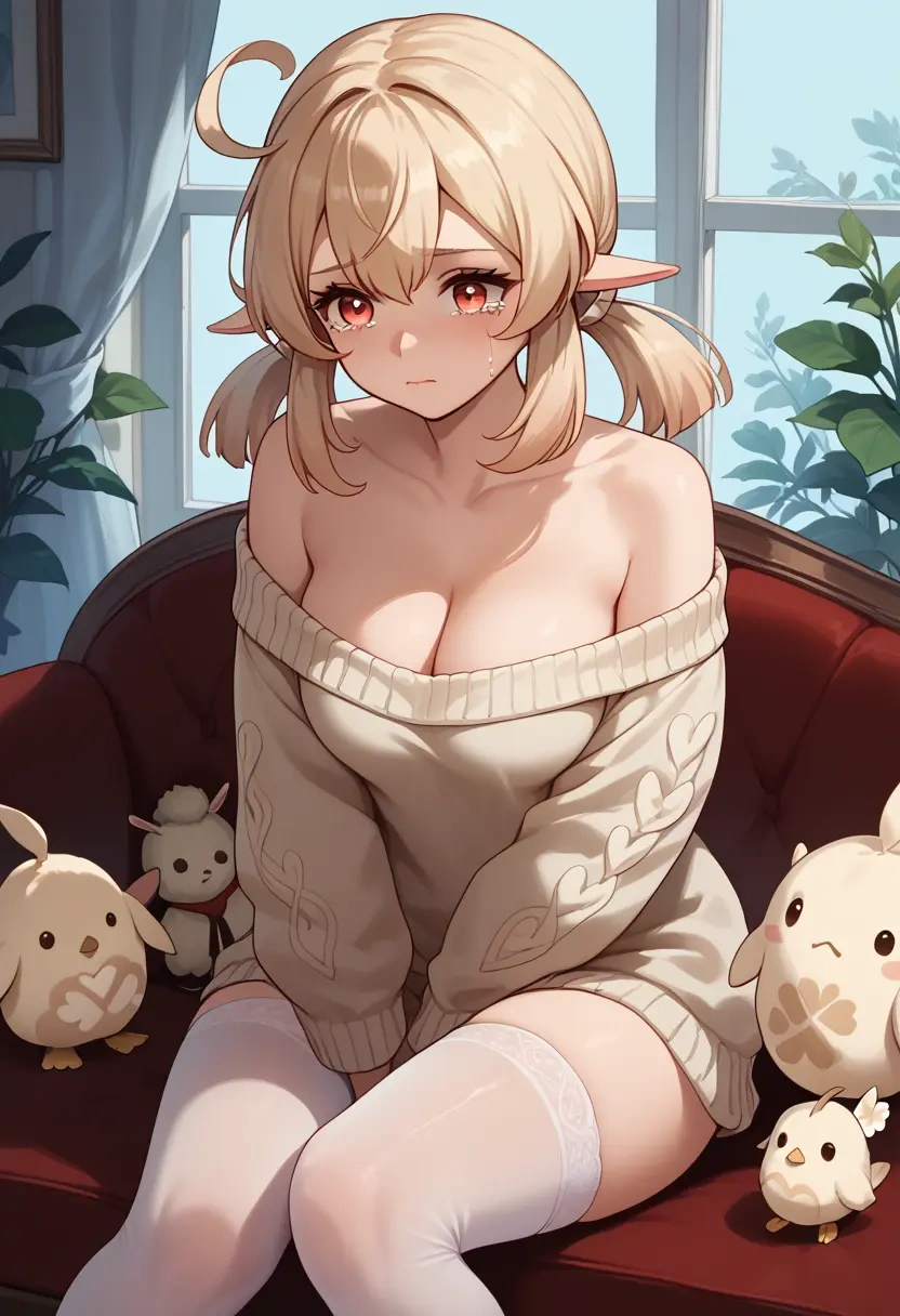 genshin impact,klee_(genshin_impact),Pouting ,Teary-eyed,off-shoulder,sweater  - 