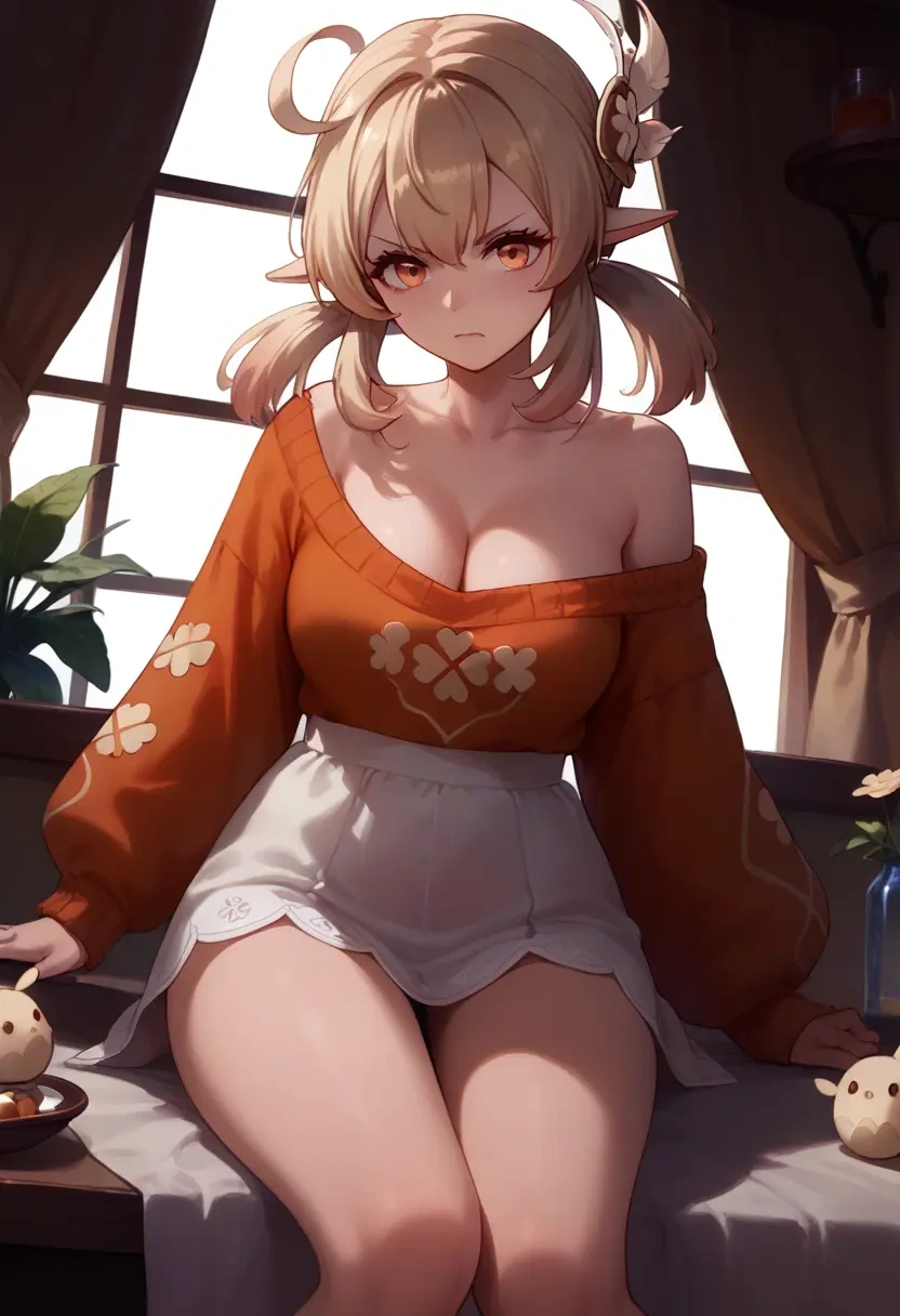 genshin impact,klee_(genshin_impact),off-shoulder,sweater  - 