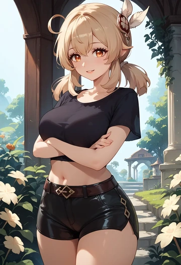 genshin impact,klee_(genshin_impact),leather,shorts,crop top  - AI generated anime art