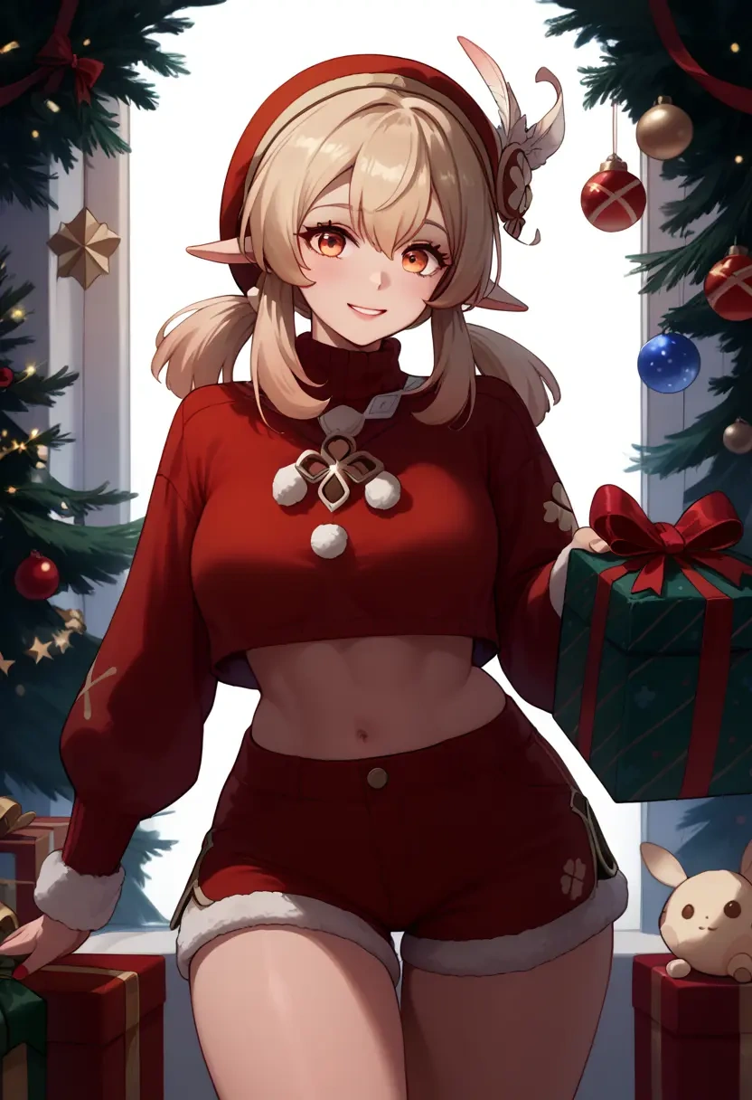 genshin impact,klee_(genshin_impact),Christmas,red velvet shorts,turtleneck sweater  - 