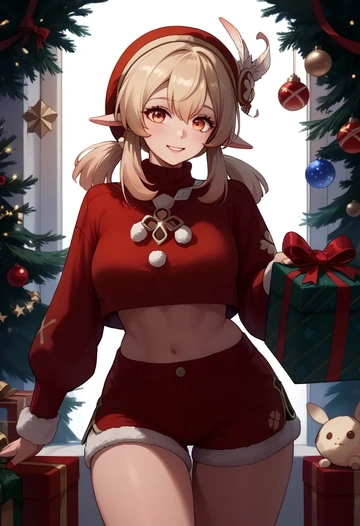 genshin impact,klee_(genshin_impact),Christmas,red velvet shorts,turtleneck sweater  - AI generated anime art