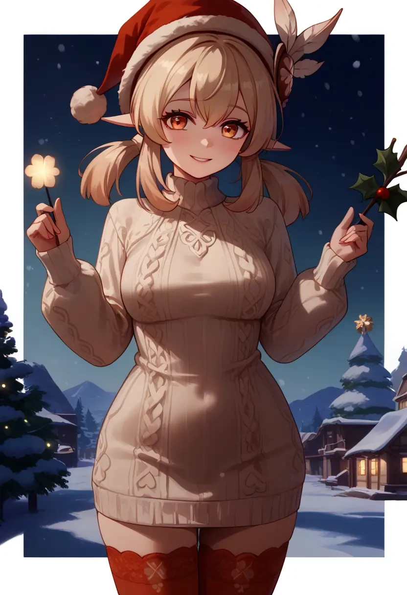 genshin impact,klee_(genshin_impact),Christmas,sweater dress,stockings  - 