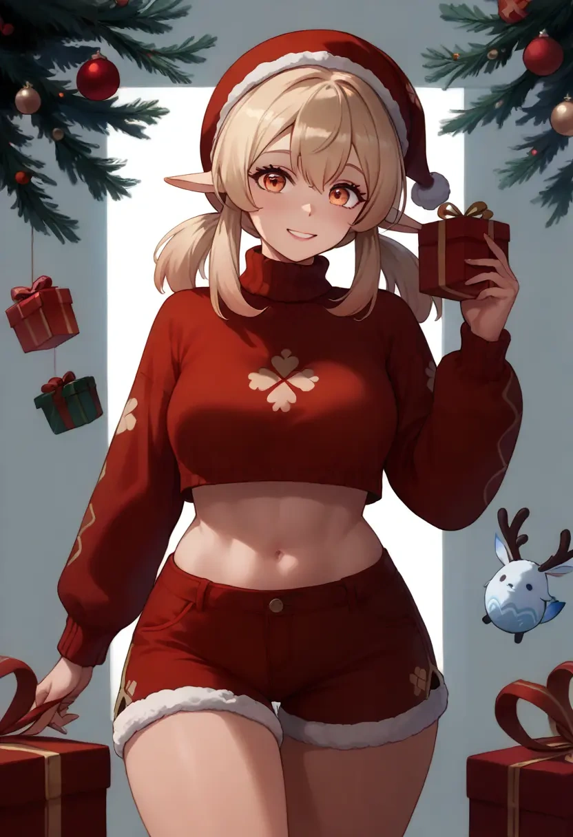 genshin impact,klee_(genshin_impact),Christmas,red velvet shorts,turtleneck sweater  - 