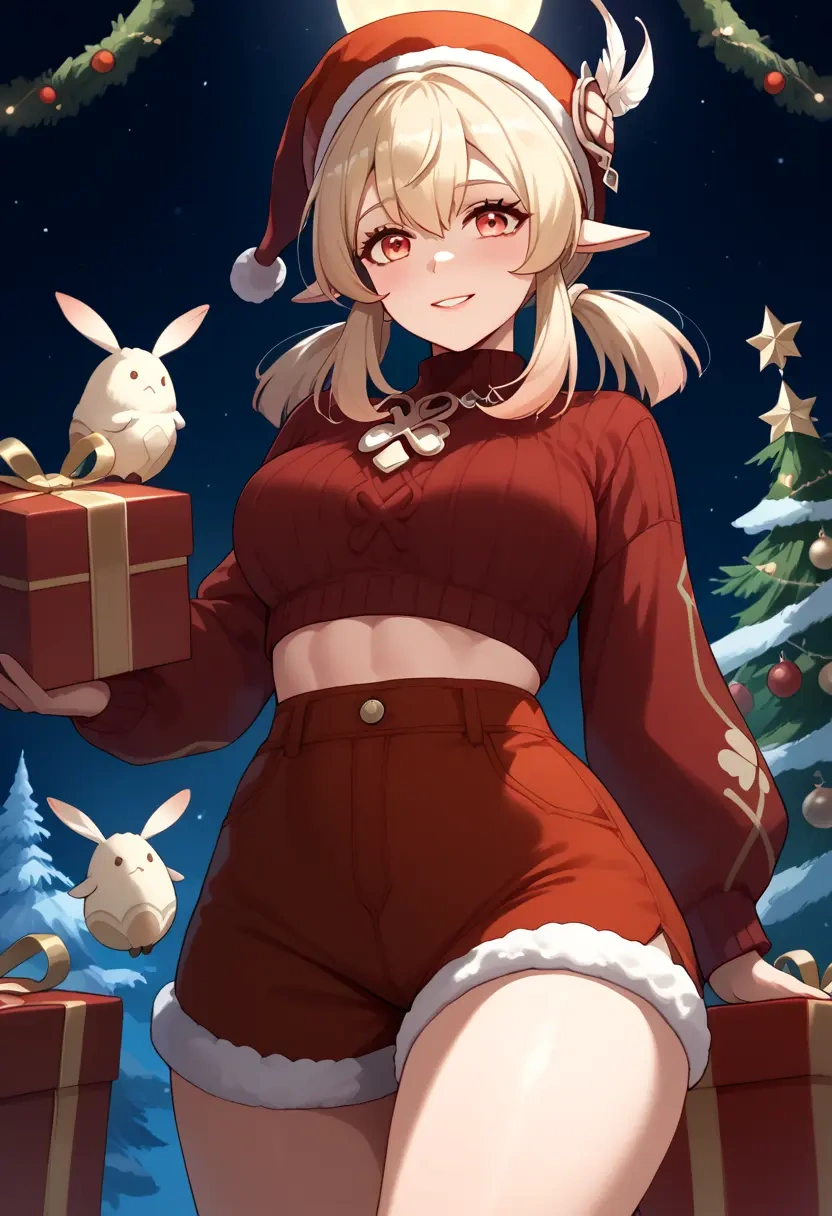 genshin impact,klee_(genshin_impact),Christmas,red velvet shorts,turtleneck sweater  - 