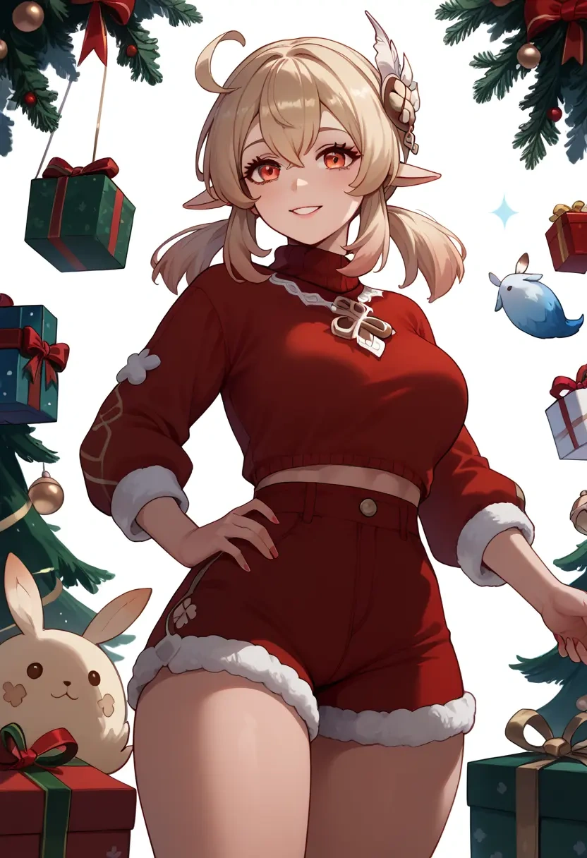 genshin impact,klee_(genshin_impact),Christmas,red velvet shorts,turtleneck sweater  - 