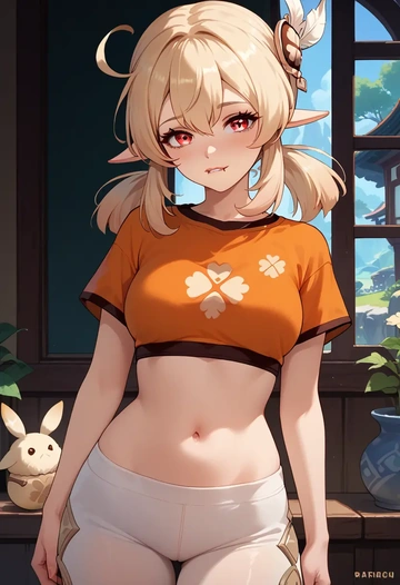 genshin impact,klee_(genshin_impact),crop top,athletic shorts  - AI generated anime art