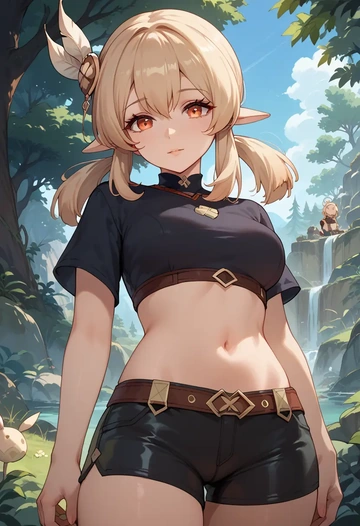 genshin impact,klee_(genshin_impact),leather,shorts,crop top  - AI generated anime art