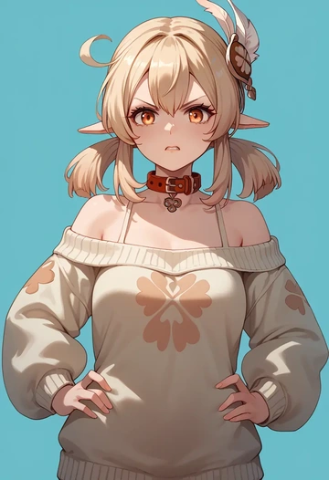 genshin impact,klee_(genshin_impact),sweater,off-shoulder,collar  - AI generated anime art