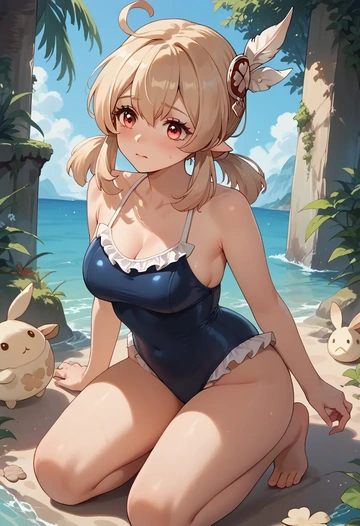 genshin impact,klee_(genshin_impact),retro style swimsuit,frilled neckline,bow detail  - AI generated anime art