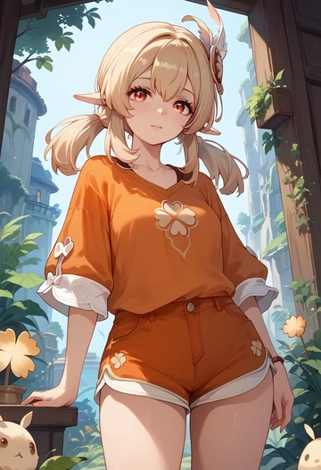 genshin impact,klee_(genshin_impact),graphic tee,shorts,sneakers  - AI generated anime art