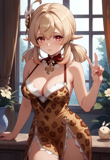 genshin impact,klee_(genshin_impact),leopard print,silk slip dress  - AI generated anime art