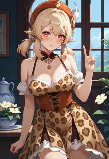 genshin impact,klee_(genshin_impact),leopard print,silk slip dress  - AI generated anime art