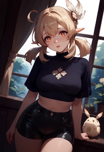 genshin impact,klee_(genshin_impact),leather,shorts,crop top  - AI generated anime art