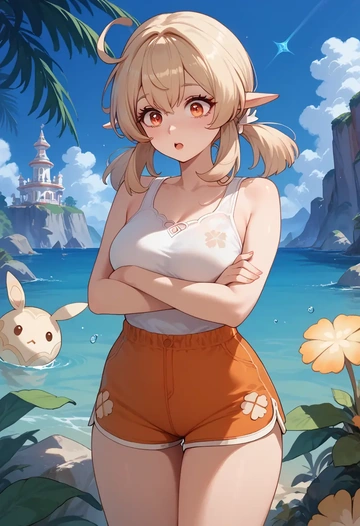 genshin impact,klee_(genshin_impact),sleeveless swim top,shorts-style bottom,contrast stitching  - AI generated anime art