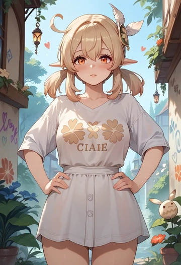 genshin impact,klee_(genshin_impact),oversized graffiti shirt,dolphin shorts  - AI generated anime art