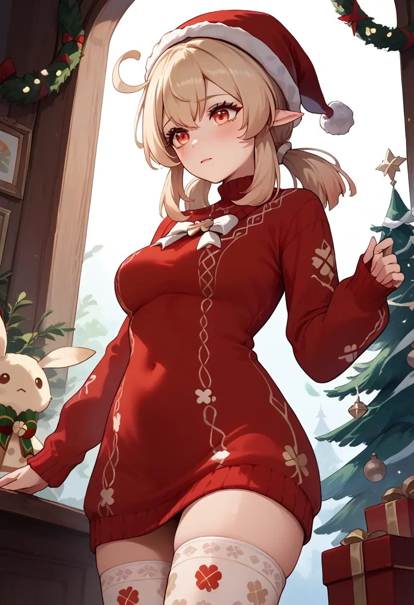 genshin impact,klee_(genshin_impact),Christmas,sweater dress,stockings  - 