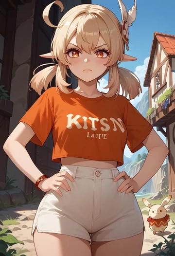 genshin impact,klee_(genshin_impact),crop graffiti tee,dolphin shorts  - AI generated anime art