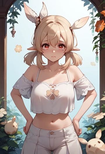 genshin impact,klee_(genshin_impact),off-shoulder top,dolphin shorts  - AI generated anime art