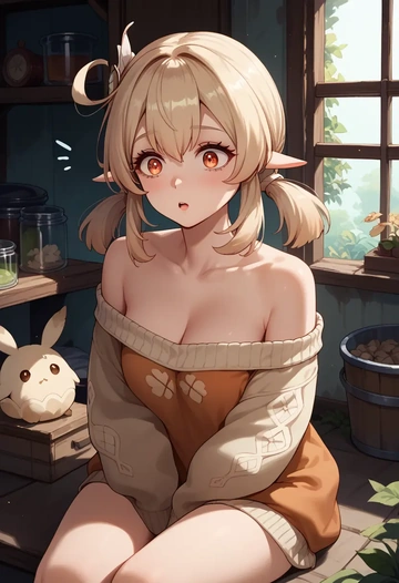 genshin impact,klee_(genshin_impact),sweater,off-shoulder,collar  - AI generated anime art