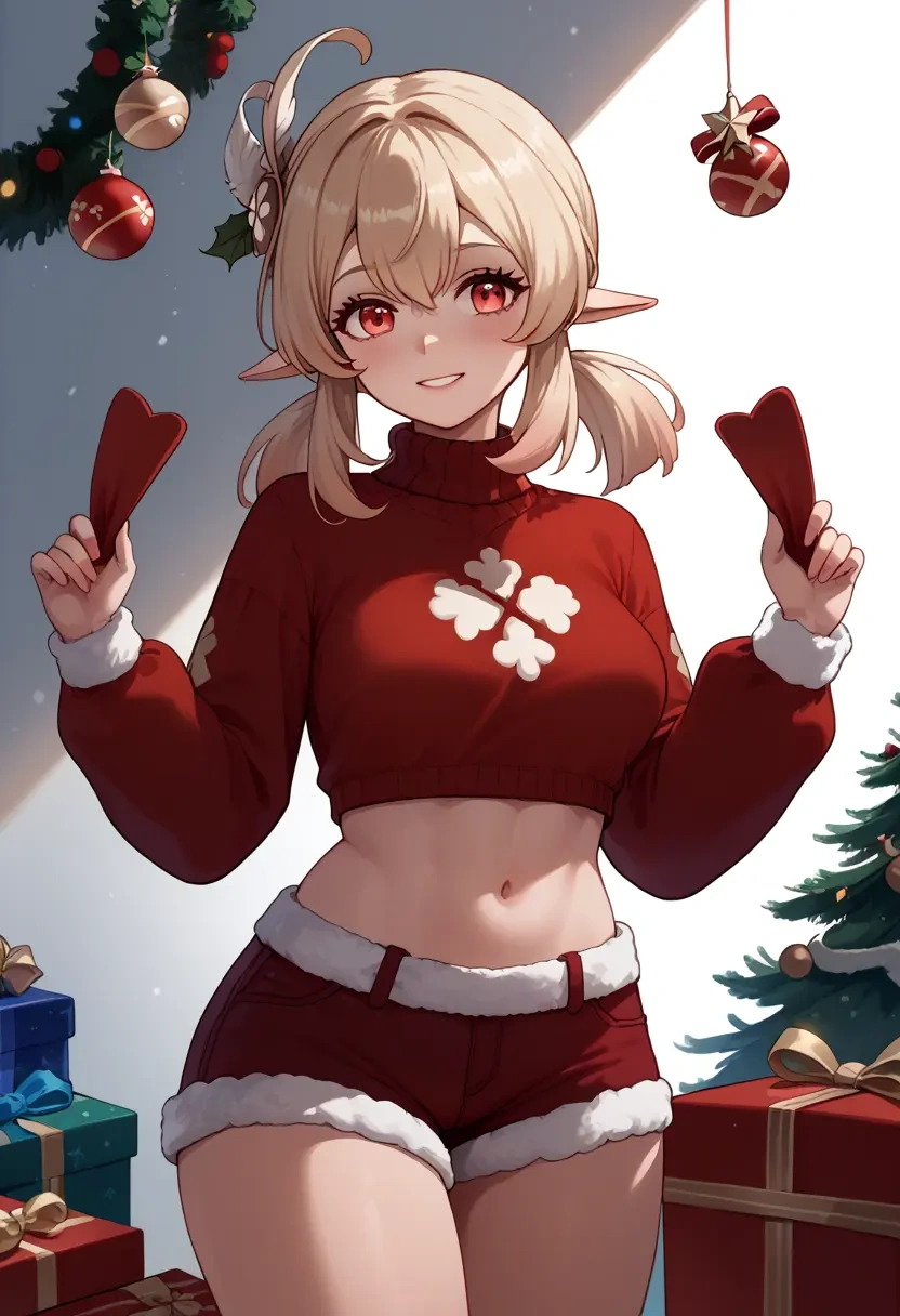 genshin impact,klee_(genshin_impact),Christmas,red velvet shorts,turtleneck sweater  - 