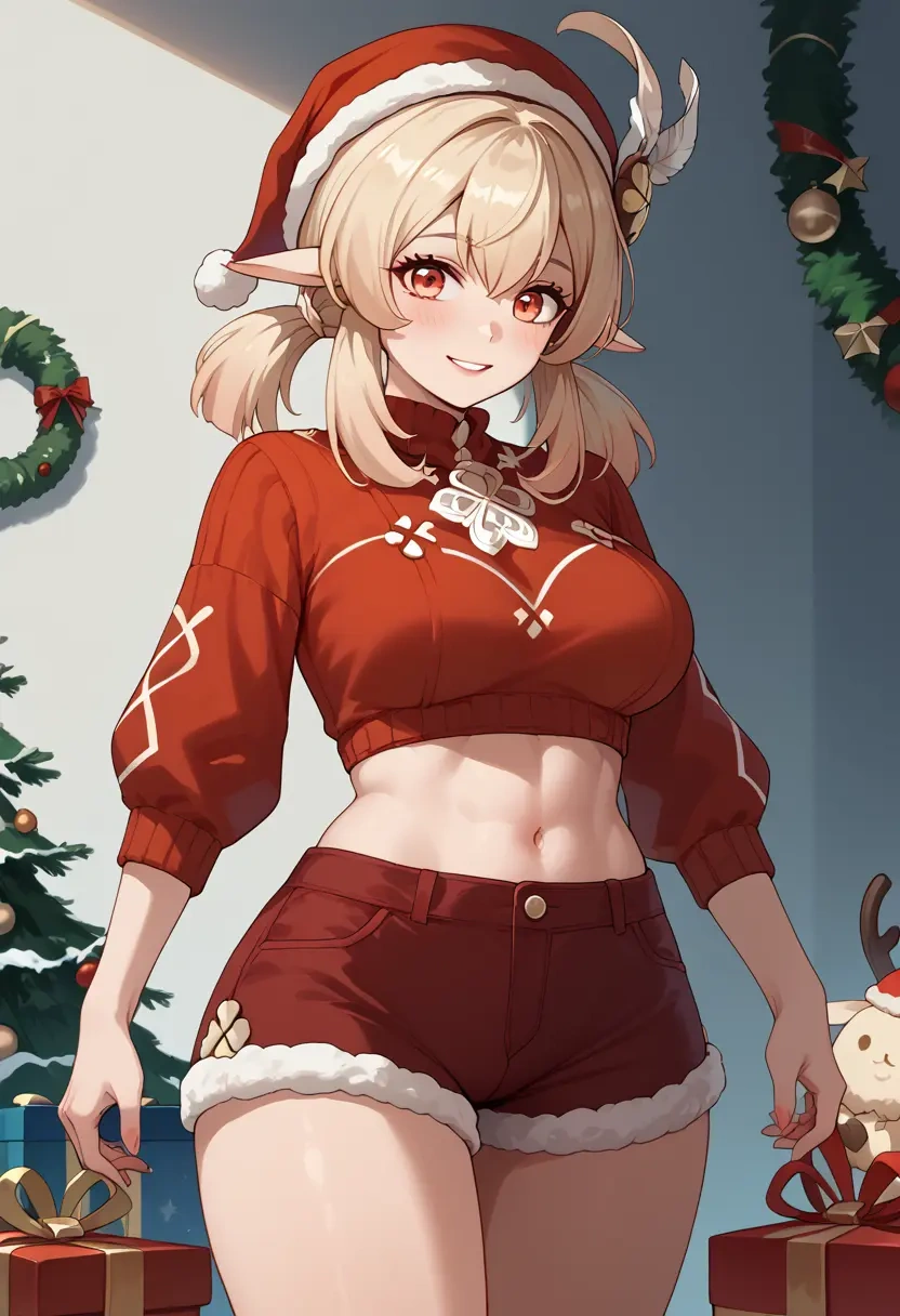 genshin impact,klee_(genshin_impact),Christmas,red velvet shorts,turtleneck sweater  - 