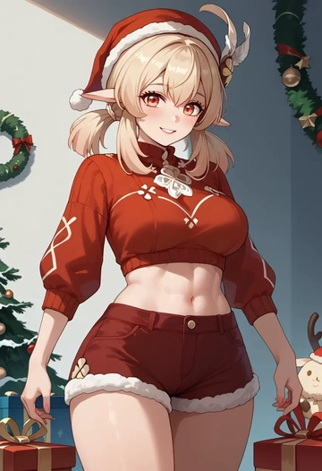 genshin impact,klee_(genshin_impact),Christmas,red velvet shorts,turtleneck sweater  - AI generated anime art