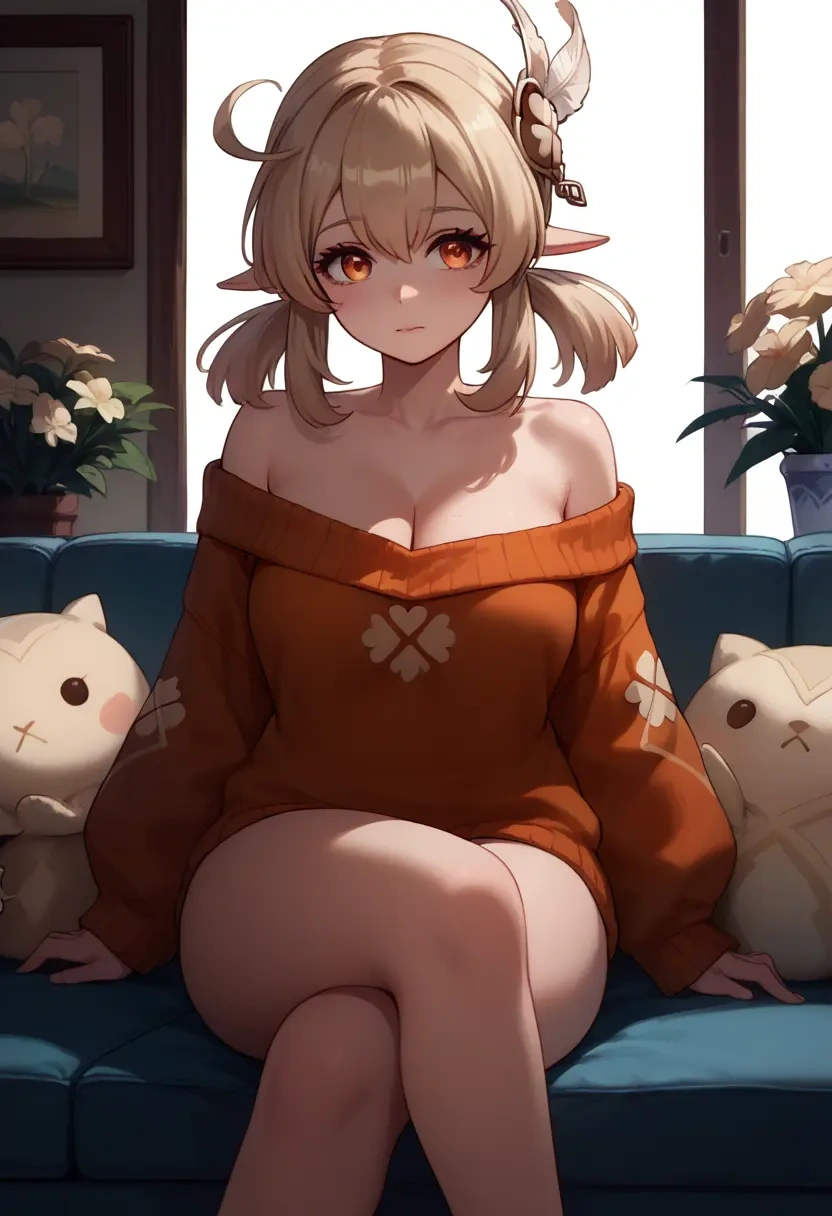 genshin impact,klee_(genshin_impact),arms crossed,off-shoulder,sweater,cross-legged  - 