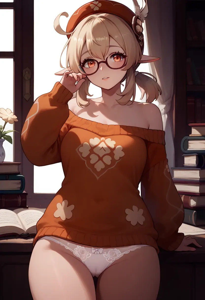 genshin impact,klee_(genshin_impact),off-shoulder,panties,glasses,sweater  - 