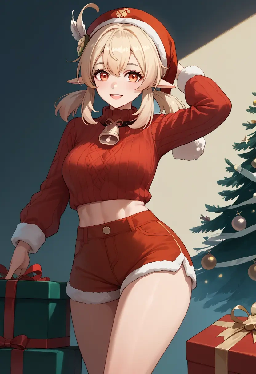 genshin impact,klee_(genshin_impact),Christmas,red velvet shorts,turtleneck sweater  - 