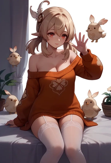 genshin impact,klee_(genshin_impact),cross-legged,off-shoulder,sweater,stockings  - AI generated anime art