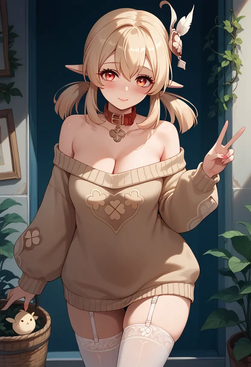 genshin impact,klee_(genshin_impact),blushing,collar,off-shoulder,sweater,stockings  - 