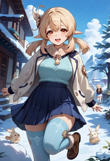 genshin impact,klee_(genshin_impact),winter,student uniform,puffer jacket  - AI generated anime art