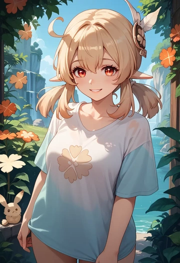 genshin impact,klee_(genshin_impact),tie-dye shirt,dolphin shorts  - AI generated anime art