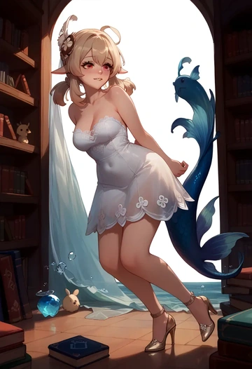 genshin impact,klee_(genshin_impact),gown,strapless,mermaid silhouette  - AI generated anime art