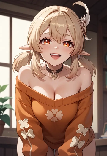 genshin impact,klee_(genshin_impact),orange,sweater,choker  - AI generated anime art