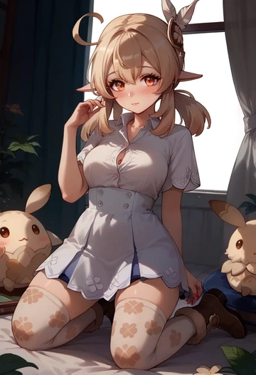 genshin impact,klee_(genshin_impact),shirt dress,belted,stockings  - AI generated anime art