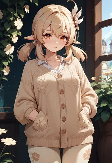 genshin impact,klee_(genshin_impact),cardigan,oversized,wide-leg pants  - AI generated anime art