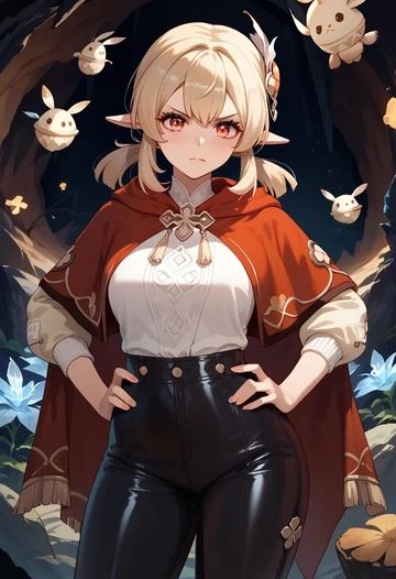 genshin impact,klee_(genshin_impact),cape,hooded,leather pants  - AI generated anime art