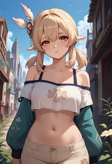 genshin impact,klee_(genshin_impact),off-shoulder top,dolphin shorts  - AI generated anime art