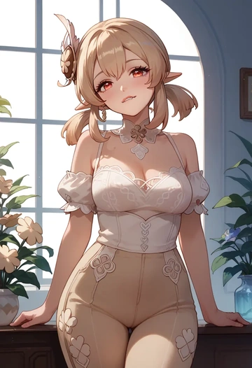 genshin impact,klee_(genshin_impact),pants,wide-leg,strappy top  - AI generated anime art